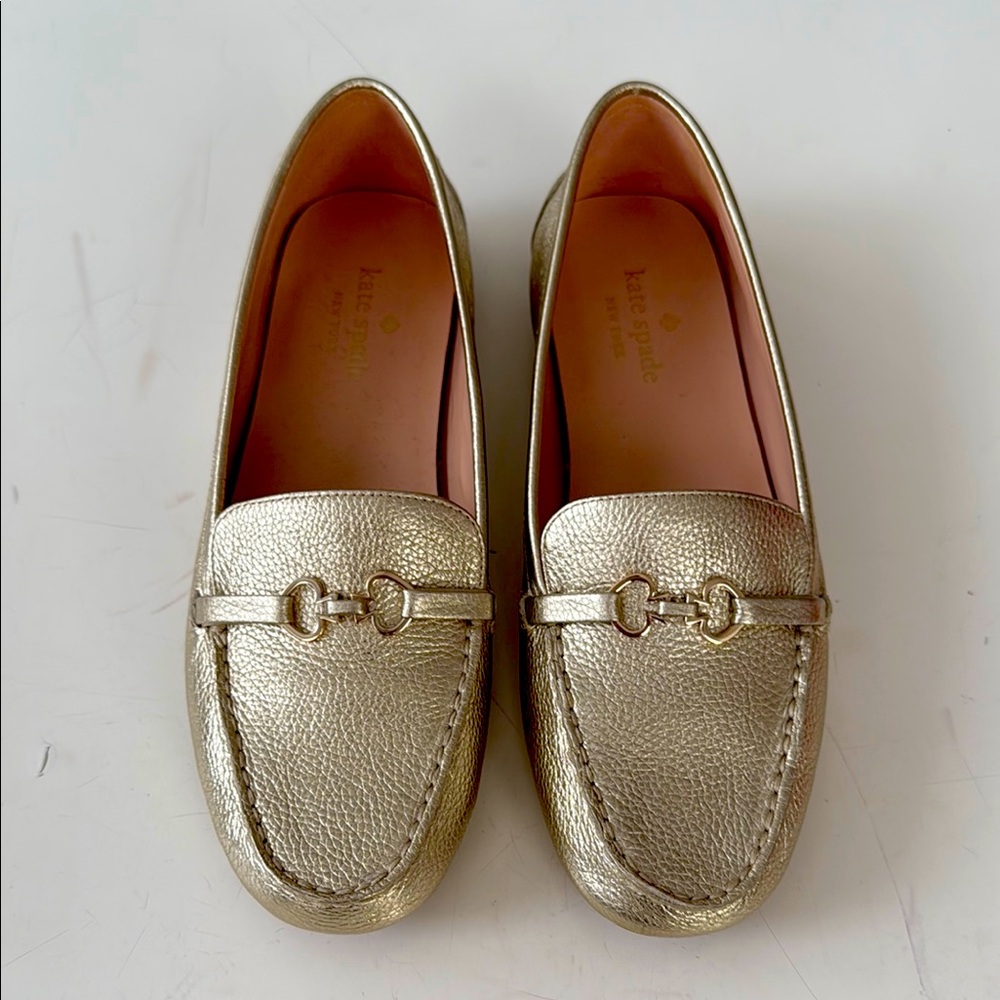 NWOT Kate Spade Gold Loafers  with Horsebit Detail
Size 10